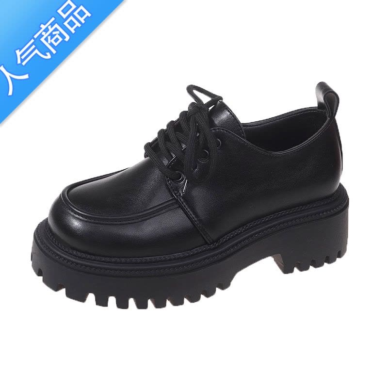 SUNTEK厚底乐福鞋女2023年春夏新款百搭英伦风黑色系带小皮鞋日系jk鞋子图片