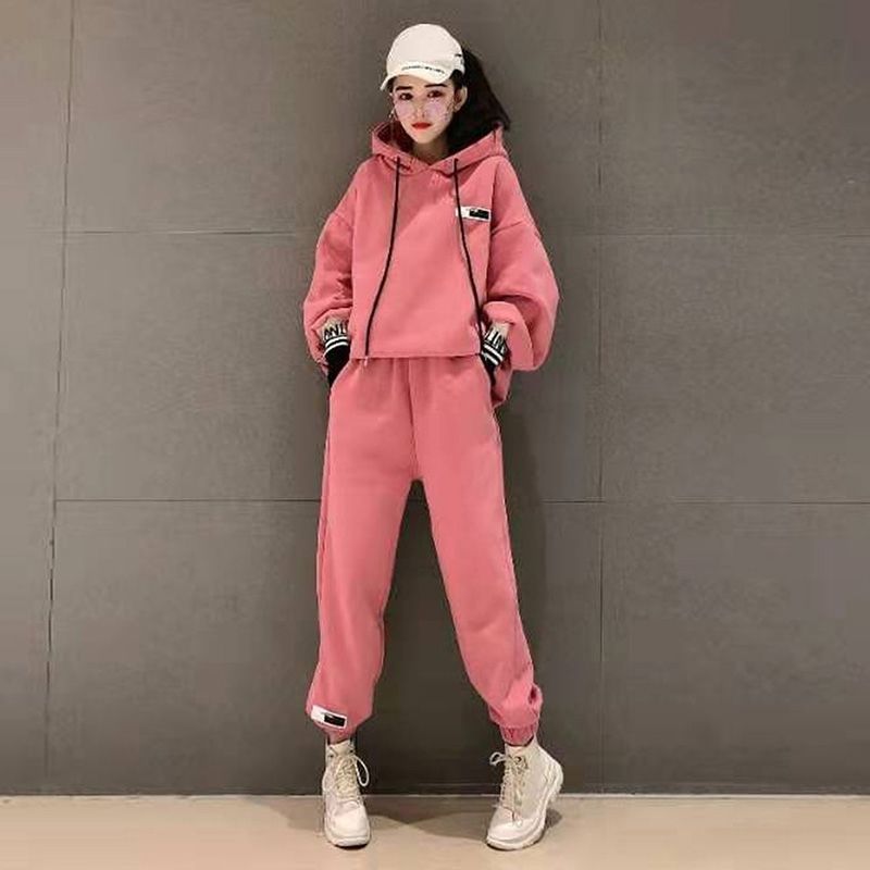 运动套装女秋冬加绒新款宽松连帽卫衣加厚时尚学生休闲两件套欧货