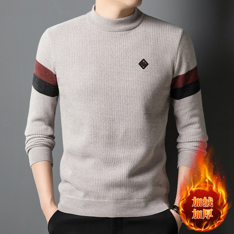 男士高档雪貂绒毛衣秋冬季加绒半高领纯色针织衫柔软中年线衣男装_81116高清大图