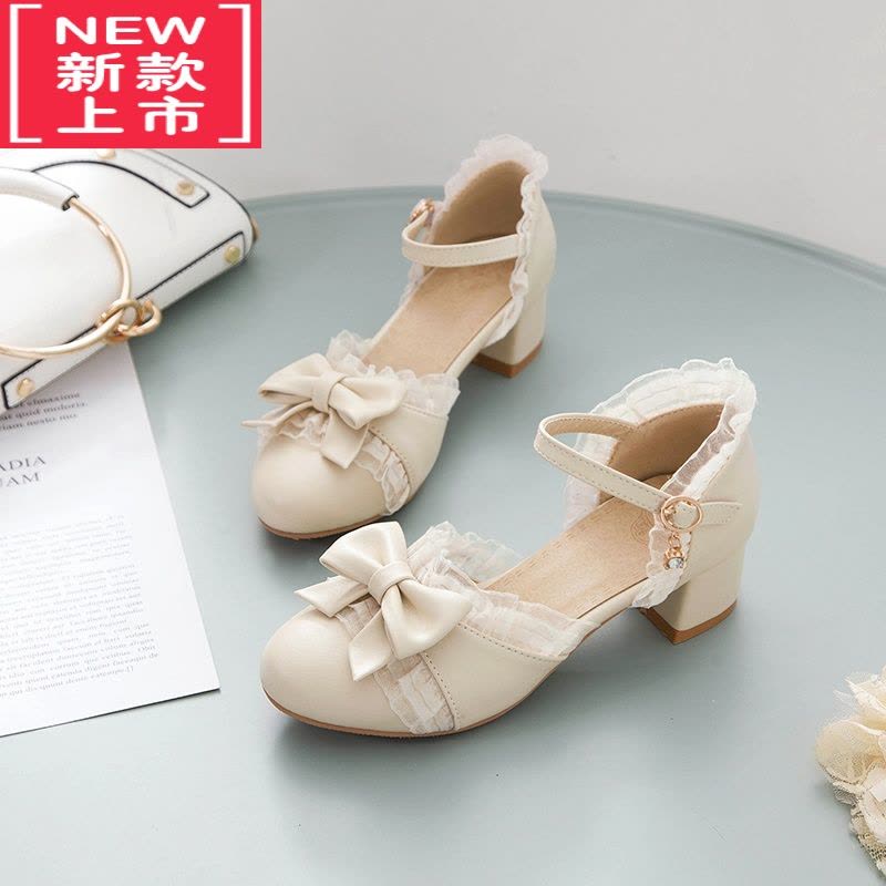 可莉允圆头粗跟大童高跟鞋白色凉鞋公主鞋女童蝴蝶结儿童鞋小女孩皮鞋运动休闲鞋图片