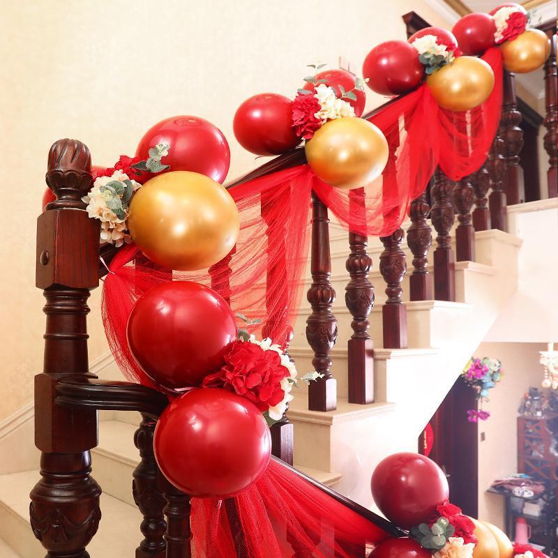 结婚楼梯扶手装饰纱幔装饰婚庆用品彩带拉花布置气球婚房简单套装楼梯