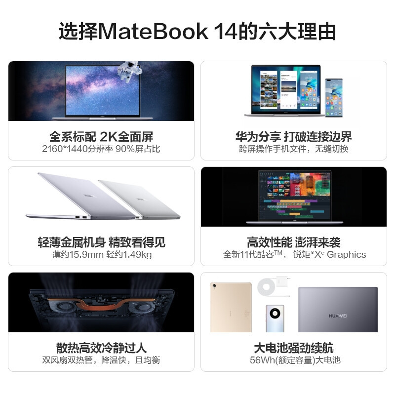 华为笔记本电脑/HUAWEI MateBook 14 2021款 11代酷睿i5-1135G7 16GB+512GB 锐炬显卡 轻薄本 14英寸 2K护眼全面屏 多屏协同 皓月银