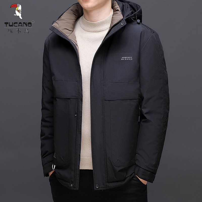 啄木鸟2025冬季新款纯色棉服男帅气中年加厚防风男款连帽保暖外套高清大图