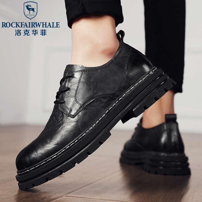 洛克华菲工装鞋夏季男鞋英伦风马丁靴圆头黑色低帮真皮大头休闲小皮