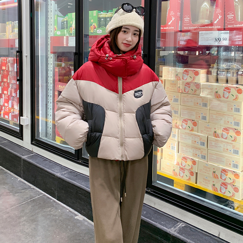 2023冬季新款撞色拼接羽绒棉服短款宽松韩版面包服连帽潮女士外套 红色帽子 M