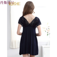 v领莫代尔带睡衣女夏季性感加大码家居服黑色睡裙蕾丝薄款