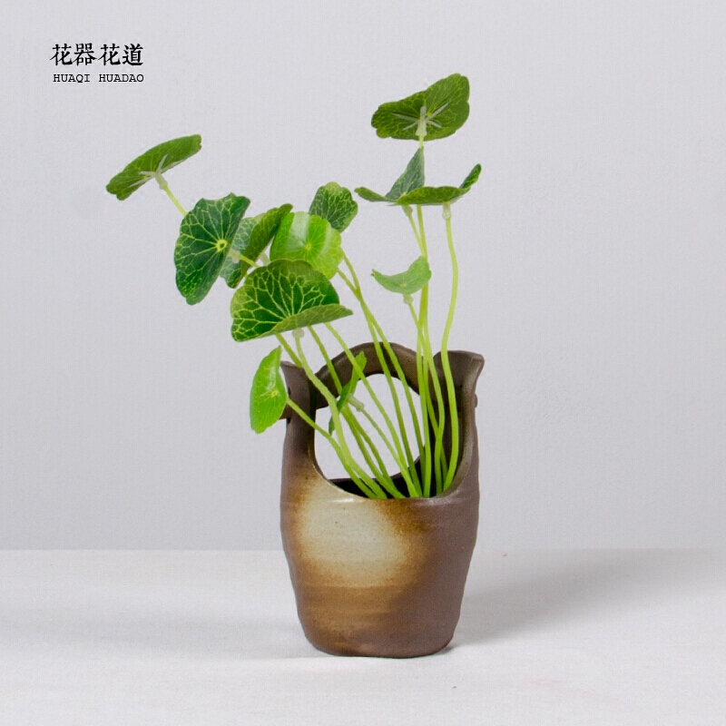 粗陶花瓶插花器土陶花瓶日式禅意桌面花插篮子花瓶陶瓷深灰色底部无