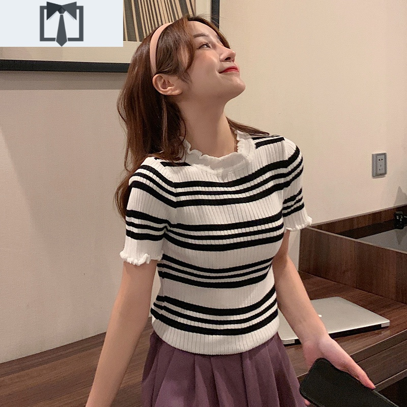 SUNTEK冰丝针织衫女短袖夏季薄款百搭修身紧身短款条纹木耳边t恤上衣潮毛衣