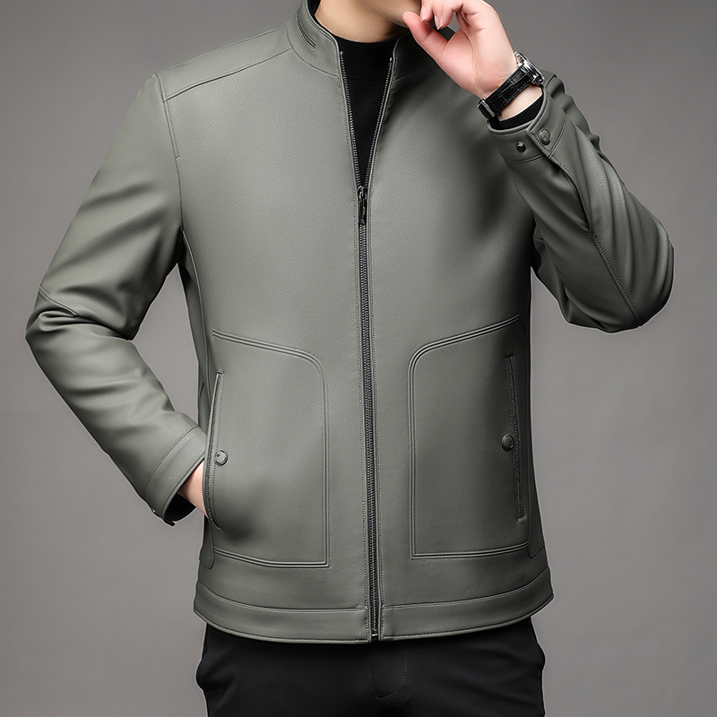 高端男士皮衣秋冬新款外套商务休闲立领海宁真皮绵羊皮爸爸夹克衫立领真羊皮衣夹克男装秋冬新款高级感休闲痞帅外套上衣男士 豆绿单皮 180/92A