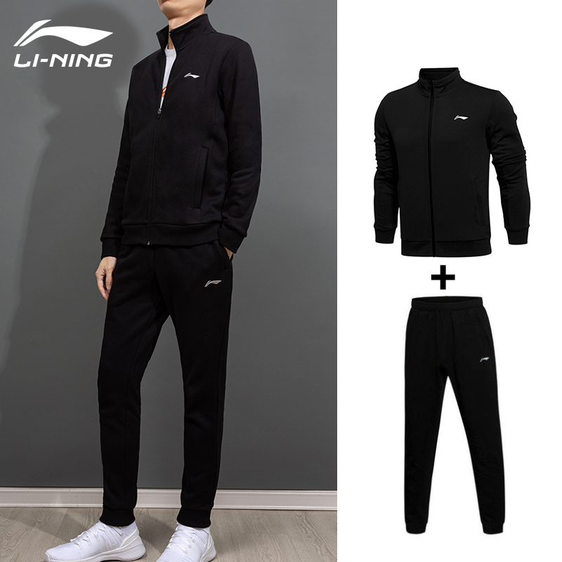 李宁运动套装男秋冬季新款加绒加厚保暖卫衣休闲黑色棉长裤两件套