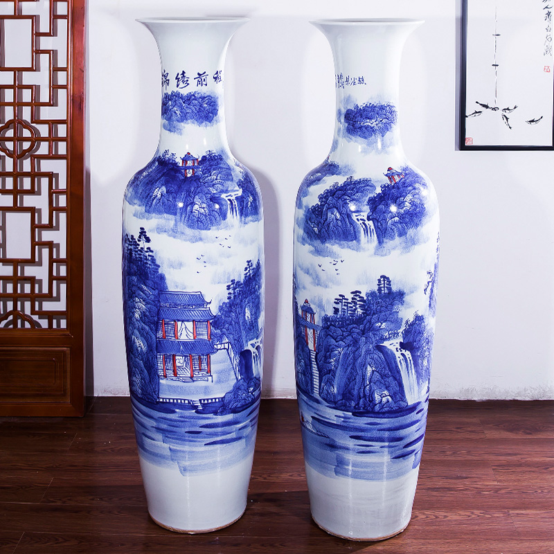 景德镇陶瓷器手工手绘锦绣前程落地大花瓶青花瓷客厅酒店装饰摆件收纳袋 三维工匠 1.8米墨彩手绘锦绣前程单个