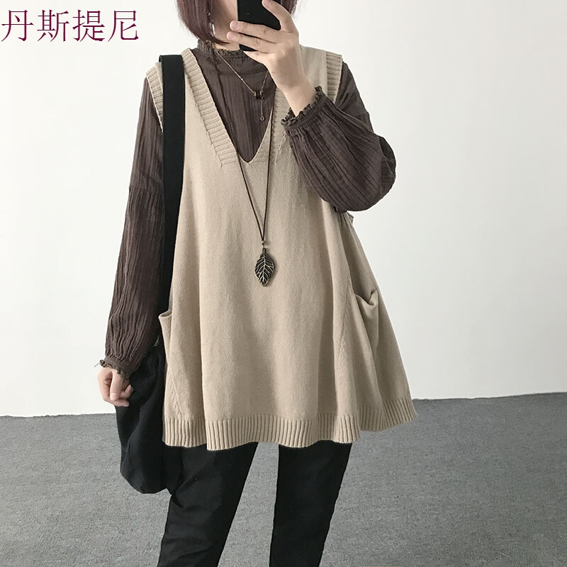 毛线背心女针织马甲宽松韩版V领中长款百搭显瘦上衣文艺坎肩马夹 桔色 均码