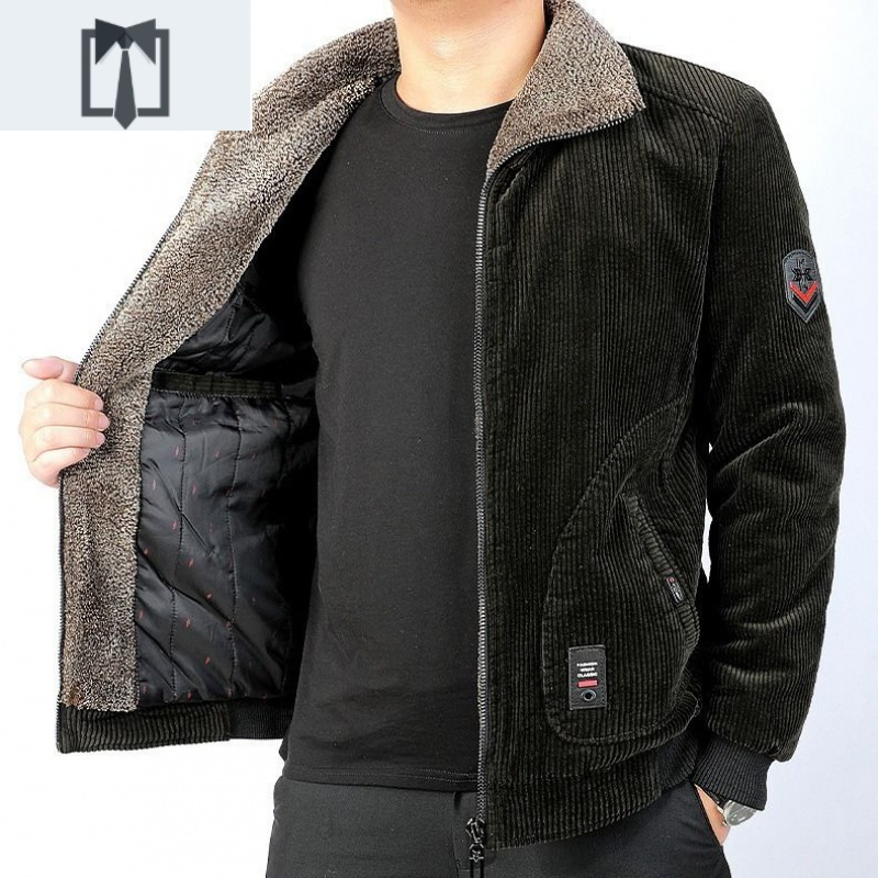 lake灯芯绒加绒加厚中年男士宽松夹克冬季短款保暖棉衣宽松拉链衫外套