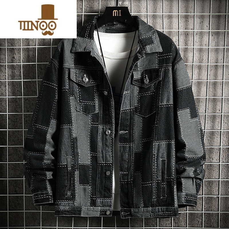 YANXU黑色牛仔外套男潮牌美式复古夹克感痞帅宽松青少年褂子高清大图