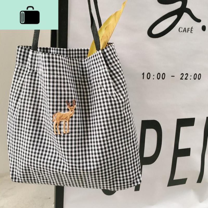 自制日韩爱心小麋鹿森系文艺格子帆布包刺绣学生女购物袋女式包NEWLAKE_439 小麋鹿其他