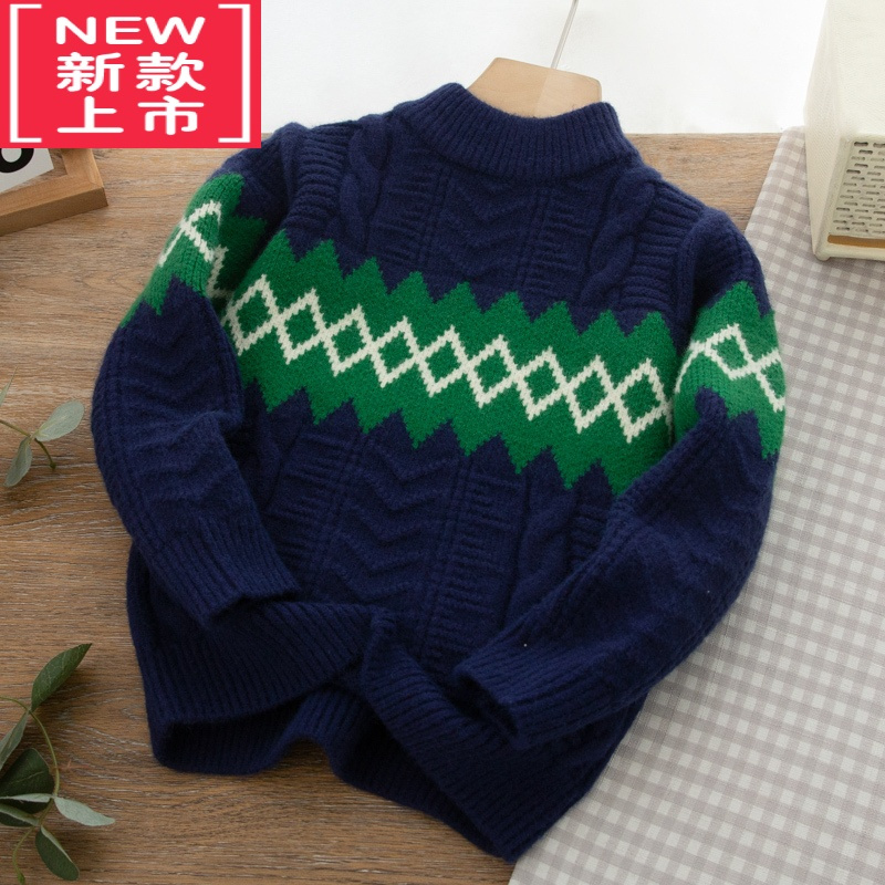可莉允男童毛衣2022新款中大童冬季百搭菱形格提花儿童装圆领针织保暖潮