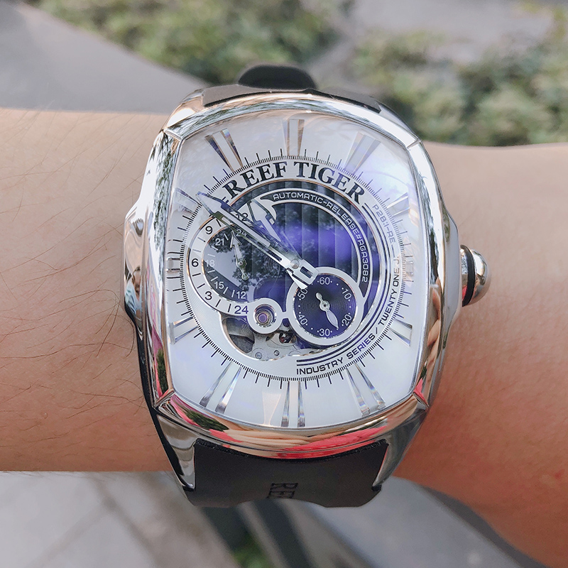 瑞夫泰格(reef tiger)个性大表盘全自动机械表男士手表橡胶带酒桶形时尚防水夜光潮男坦克表RGA3096S 白钢白黑