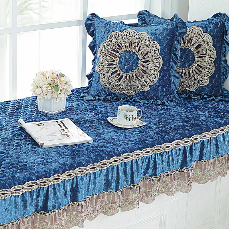 汐岩飘窗垫欧式窗台垫卧室落地飘窗垫四季通用阳台垫榻榻米垫飘窗装饰 蓝色--虞美人腰枕30*50cm一个（含芯）