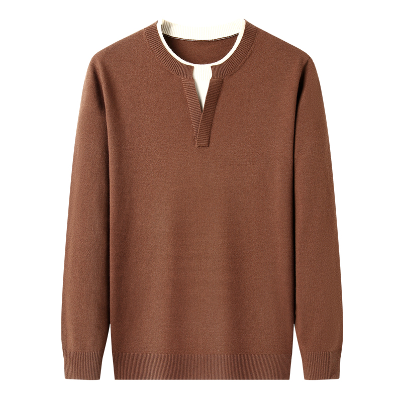 啄木鸟春秋季新款中年男士针织衫爸爸装假两件羊毛衫宽松长袖毛啄高清大图