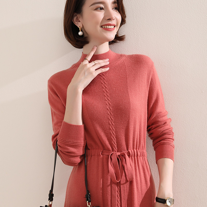 恒源祥100全羊毛衫女厚针织连衣裙勾花系带收腰半高领中长款女士毛衣