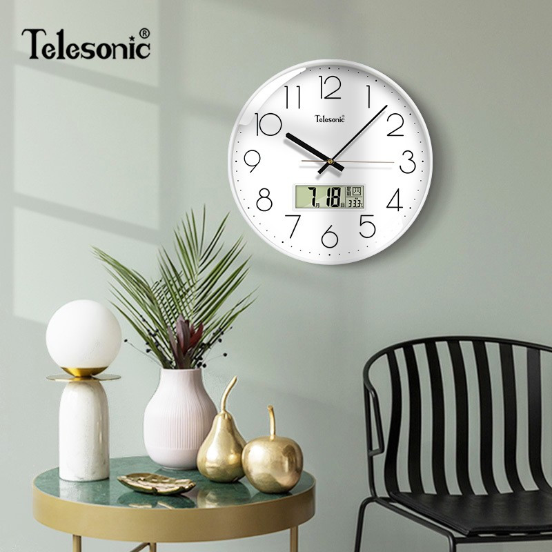 天王星(Telesonic)挂钟 客厅静音万年历钟表3D立体创意双日历温度时钟简约石英钟薄边挂表 纯洁白30CM日历款
