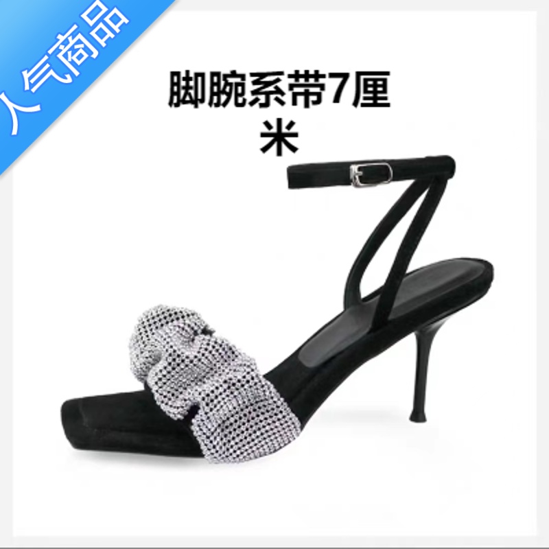 SUNTEK杨幂明星同款凉鞋aw大王高跟鞋细跟水钻一字带方头2023夏新款外穿 黑色脚腕系带7cm 37