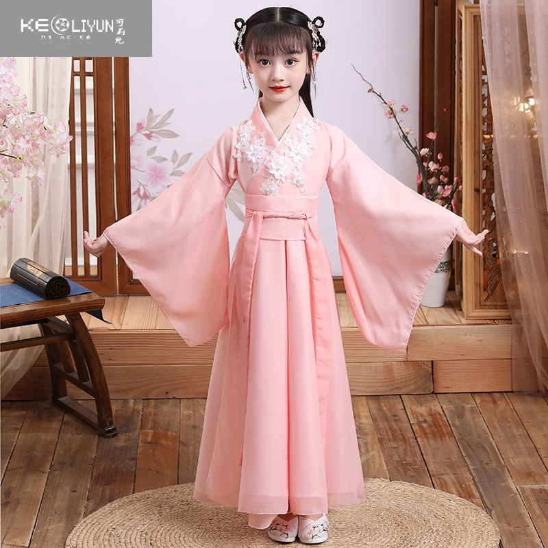 可莉允儿童汉服女童古装超仙飘逸襦裙樱花女孩连衣裙轻纱中国风