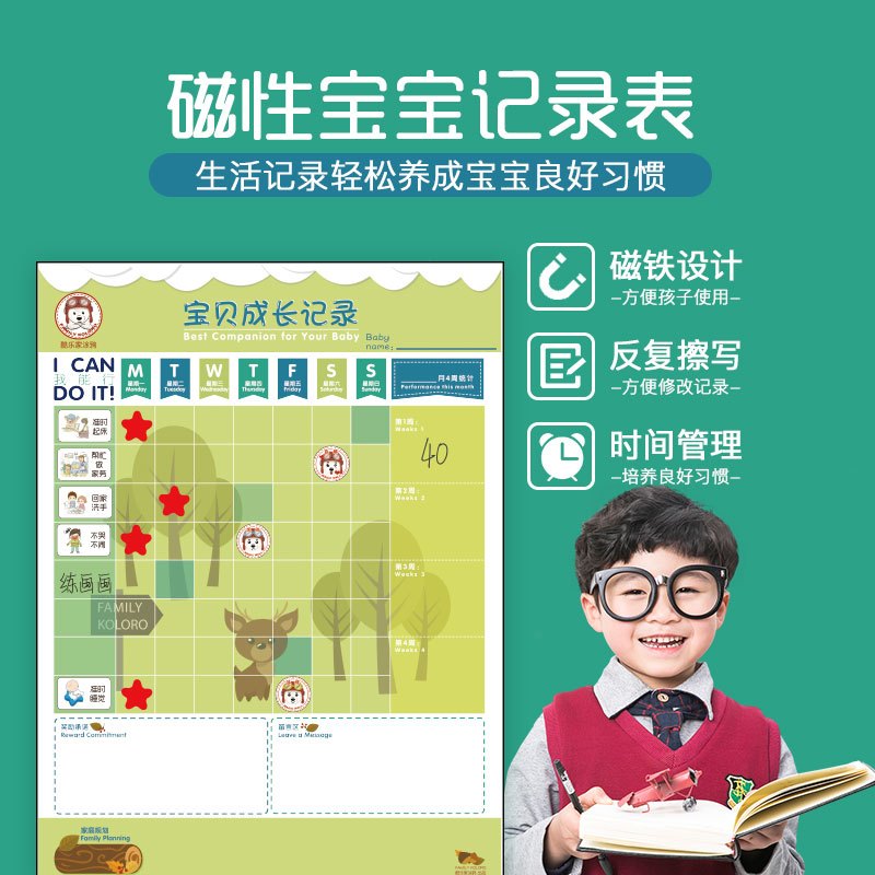 酷乐家の涂鸦FAMILY COLORO 儿童涂鸦画板家用办公黑板贴磁性涂鸦墙膜配件 宝宝生活记录表-森林款
