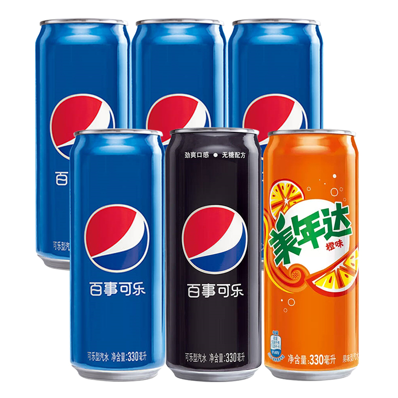 百事可乐 细长易拉罐 330ml* 6罐 混合装组 (百事 美橙 七喜 无糖四口味随机 )高清大图