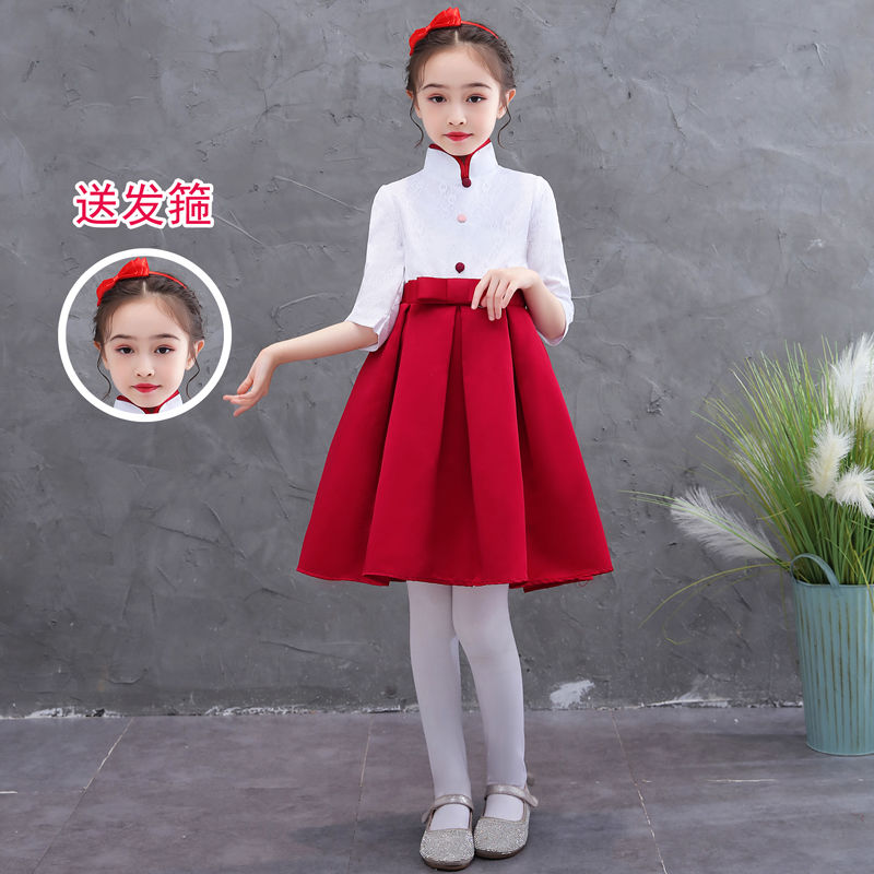 六一儿童节演出服中小学生大合唱团体男女童礼服诗歌朗诵表演服装 白红裙+头饰 110cm