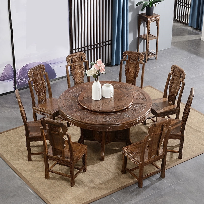红木餐桌非洲鸡翅木古达圆桌实木中式家具餐厅饭桌带转盘家用大圆台