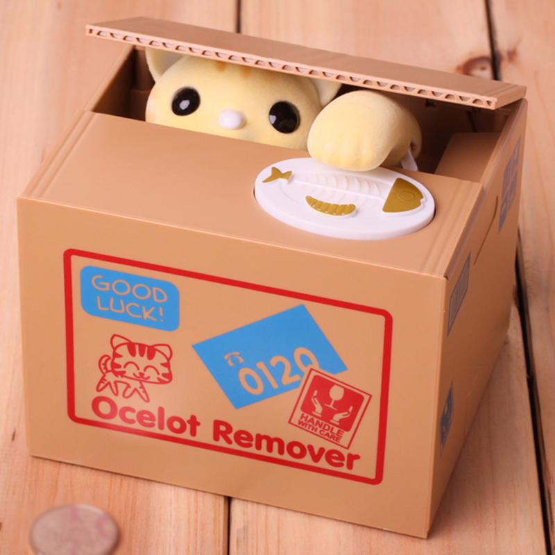 储蓄罐电动储钱罐女儿童礼物存钱罐黄猫咪螺丝刀电池贴纸视频