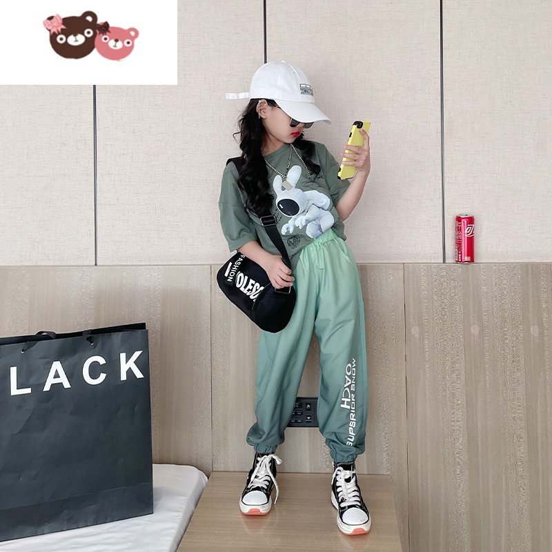 绿彩虹光女童夏装套装儿童夏季洋气短袖上衣女大童韩版网红时髦运动两件套