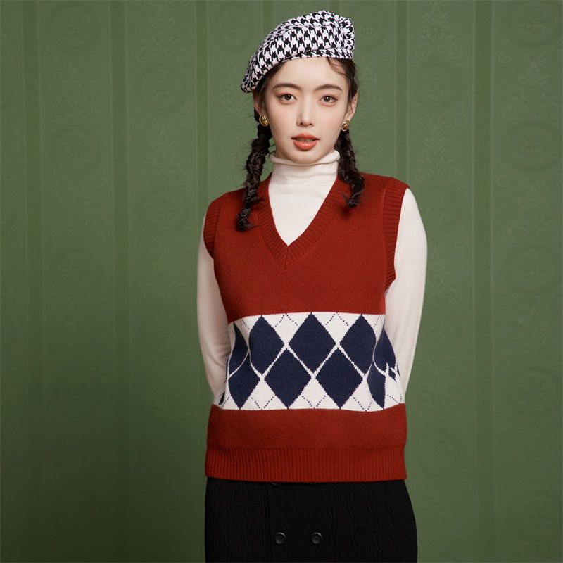 cachecache菱格针织马甲女日系复古v领外穿叠穿坎肩毛衣格子背心