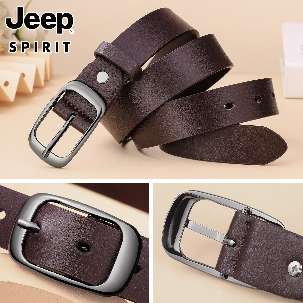 jeep正品真皮女士皮带牛皮针扣宽腰带女简约百搭时尚休闲正品宽女高清大图