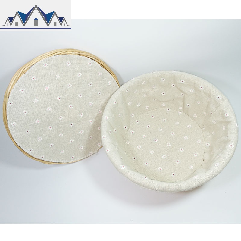 带盖藤编馒头筐柳编面包篮子家用餐厅放馍筐子厨房圆形编织收纳筐 三维工匠收纳篮 雏菊内衬（有盖）L号（口30高14）