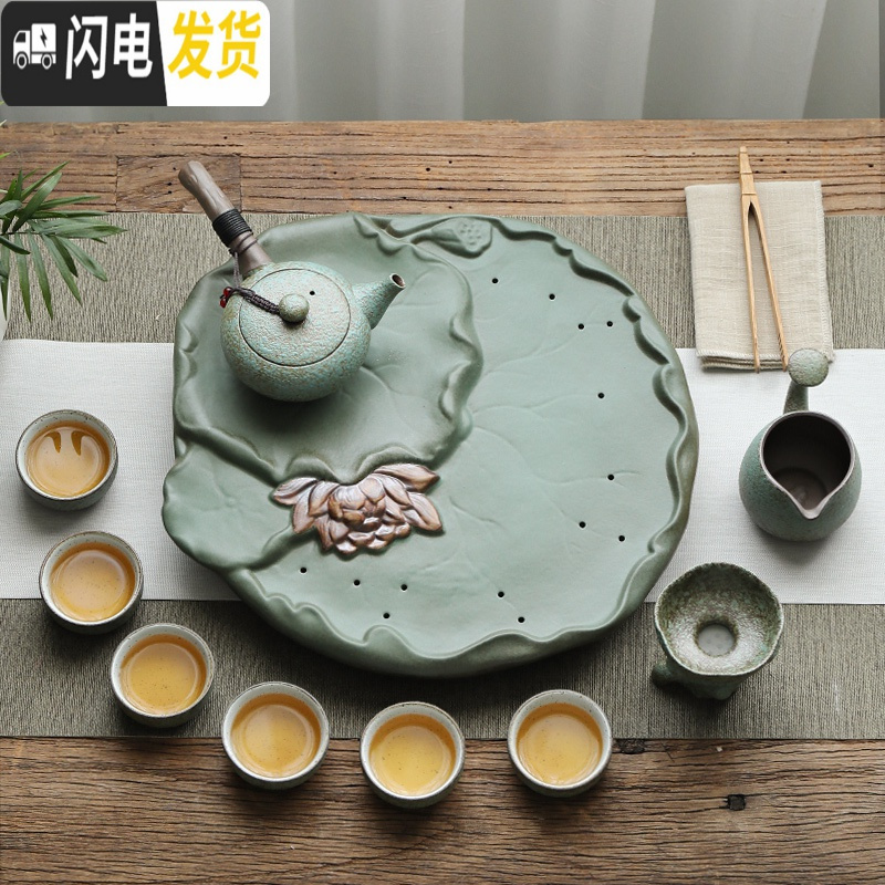 三维工匠日式干泡盘陶瓷功夫茶具套装家用简约办公粗陶提梁壶茶杯套装整套 西施壶10件套满园春色品茗杯