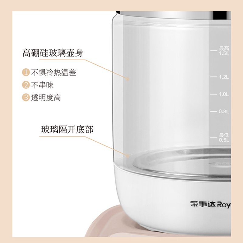 荣事达(Royalstar)养生壶多功能电热水壶高硼硅玻璃壶触控式 1.5L YSH5017 蜜桃粉