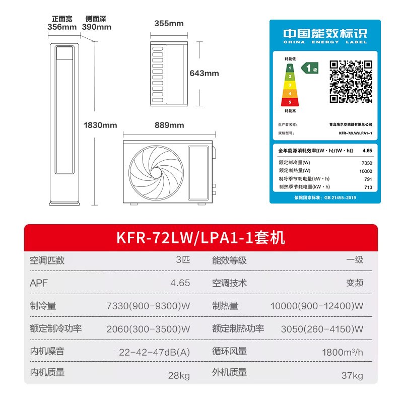 统帅(Leader)空调海尔智家出品 3匹新一级超省电 变频冷暖空调柜机KFR-72LW/LPA1-1高清大图