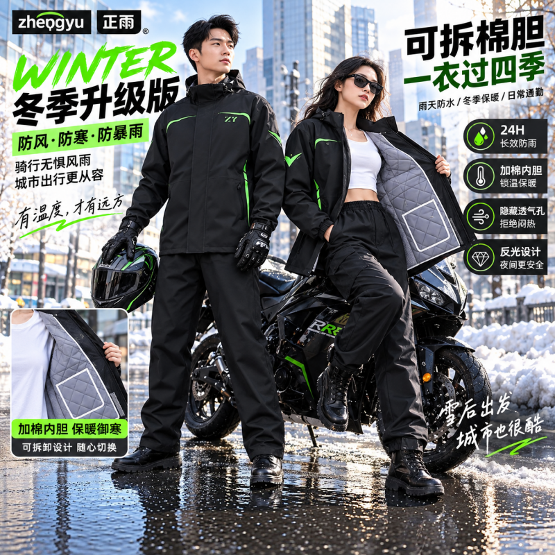正雨冬季骑行防寒服保暖加绒加厚雨衣外卖骑手男款摩托车防暴雨9063高清大图