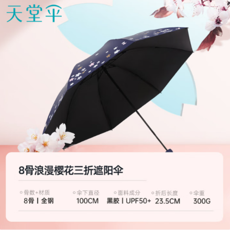 天堂防紫外线阳伞三折8k钢骨印花晴雨伞黑胶防晒太阳伞伞下100CM藏青高清大图