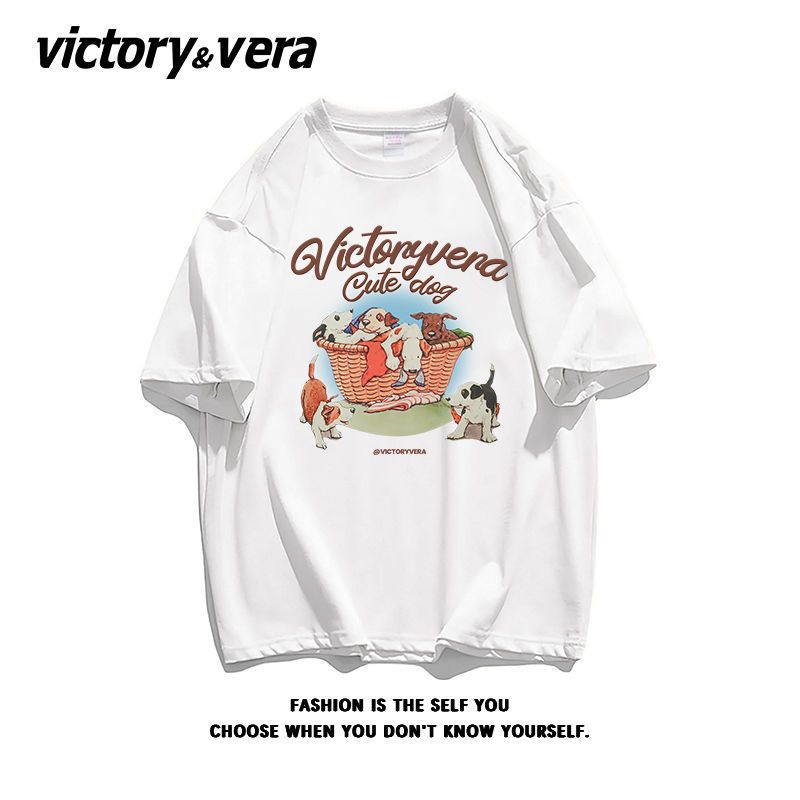 VICTORYVERA原宿风T恤复古小狗印花短袖2022夏季纯棉宽松半袖上衣