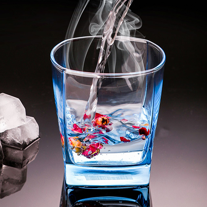 乐美雅无铅玻璃水杯彩杯圆杯方杯冰粉冰蓝茶杯开水杯饮料杯2只装