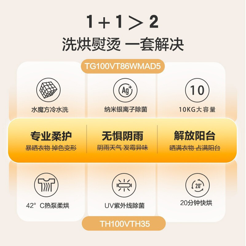 小天鹅(LittleSwan)洗烘套装10kg变频滚筒洗衣机+10kg热泵烘干机 水魔方 智能家电VT86+VTH35