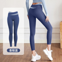 拼色长袖瑜伽服套装裸感紧身显瘦运动速干跑步健身套装女 XXL 香鲸蓝长裤