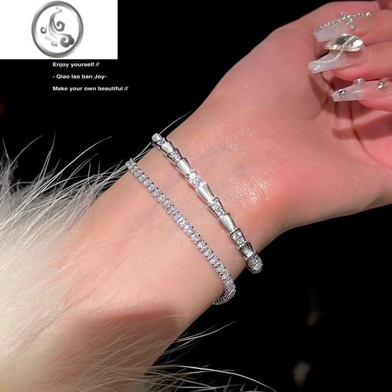 jimi贝母灵蛇形蛇骨手镯闪钻质感手链锆石ins轻奢开口银色可调节手环