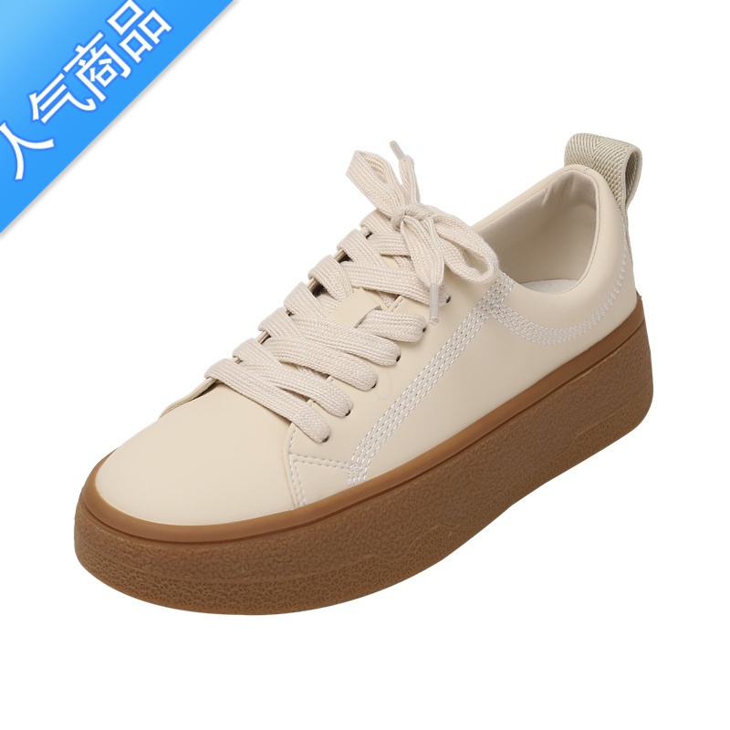 SUNTEK2023年春季新款小白鞋女厚底单鞋百搭系带杏色平底运动休闲E高清大图