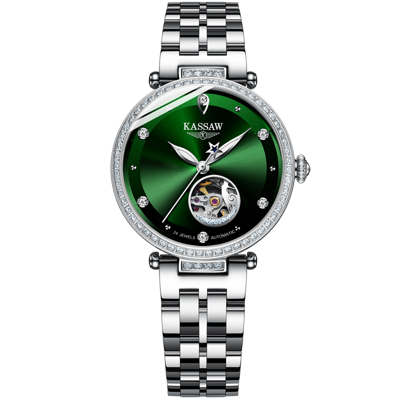 卡梭(KASSAW)正品真钻自动机械表女表防水新款潮手表女士防水简约气质ins风时尚镂空K888L 森林绿