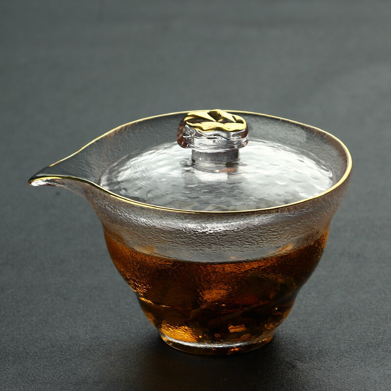 定制盖碗锤纹玻璃盖碗整套大号功夫泡茶具手抓壶鎏金