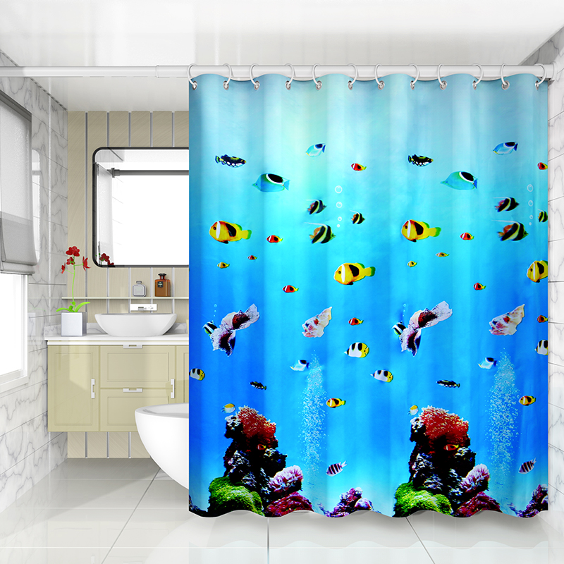 朗宅浴室浴帘隔断卫生间防霉套装免打孔门帘子挂帘高档防水布洗澡窗帘 海底世界 单帘：帘宽220*高200cm+绑带